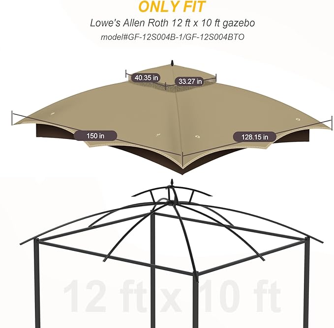 Replacement Gazebo Canopy Top Cover for 10 x 12, Double Tiered Waterproof Canopy Roof for Lowe's Allen Roth Gazebo #GF-12S004B-1 (Khaki)
