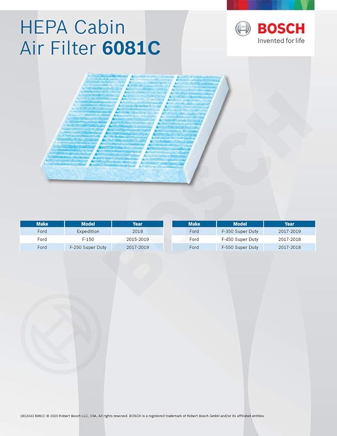 BOSCH 6081C HEPA Cabin Air Filter - Compatible with Select Ford Expedition, F-150, F-150 Lightning, F-250 , F-350 , F-450, F-550 Super Duty; Lincoln Navigator