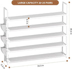 5 Tier Shoe Organizer, 33.3in Wide x 11.2in Deep x 35.6in Tall, Black Metal and Plastic Shoe Rack with Side Bag, Holds 20-25 Pairs of Shoes