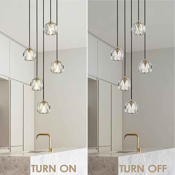 5 Light Pendant Lighting, Brushed Brass Cluster Pendant Light Fixture Kitchen Island, Modern Crystal Pendant Chandelier Hanging Lights for Dining Room Foyer