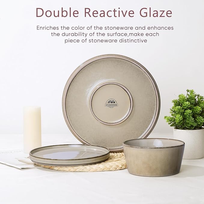 Herogo 18 Pieces Dinnerware Set Service for 6, Dinner Plates and Bowls Sets, Reactive Glaze Stoneware Dishes for Kitchen, Chip and Crack Resistant, Microwave & Dishwasher Safe, Cream Khaki