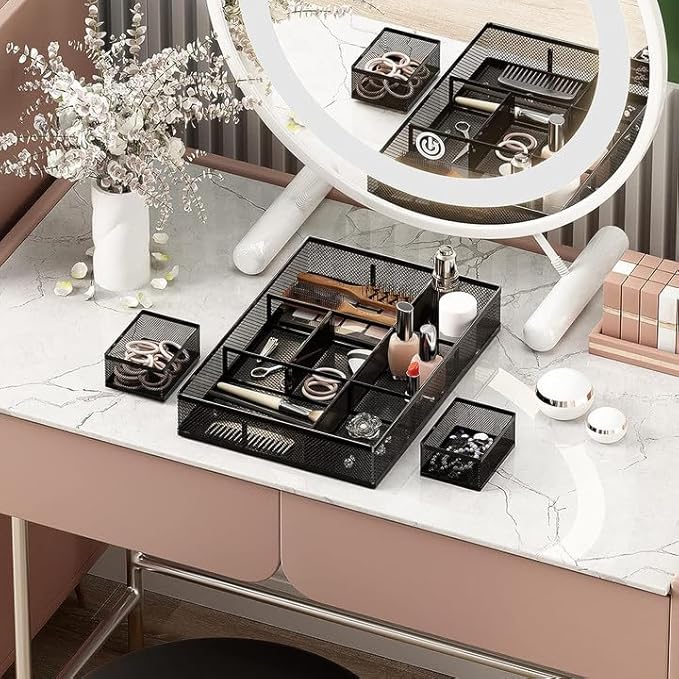 Marbrasse 3 Packs Desk Drawer Organizers, Metal Mesh Dividers Desk Drawer Organizer Tray with 9 Adjustable Compartments, Pen Organizer for Drawer Tray Box Accessories for Desktop,Kitchen, Makeup