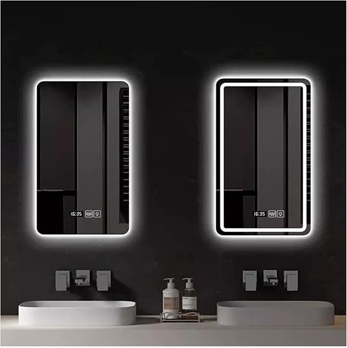 Bathroom Mirror with LED Lights, Backlit Illuminated Bathroom Mirror Wall Mounted Multifunction Vanity Mirror with 3 LED Light Color Dimmable and Demister Pad,(A,H50*W70CM/H19.6*W27.5IN)