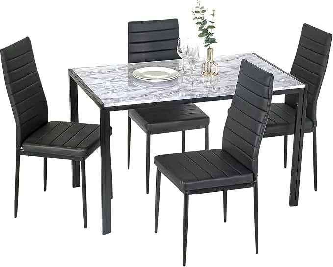 PayLessHere Dining Table and Chairs Set, Modern Rectangular Marble Table top with 4 Chairs PU Leather for Dining Room and Kitchen, White Marble