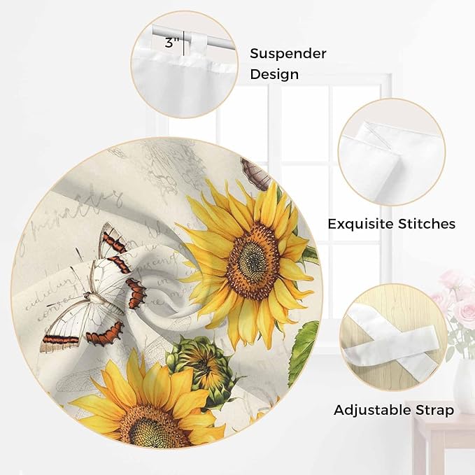 Farm Sunflowers Living Room Curtains 84 Inch Length, Window Curtains Tab Top, Retro Flowers Butterfly Botanical Beige Light Filtering Window Treatments Drapes 52"x84" 2 Panel