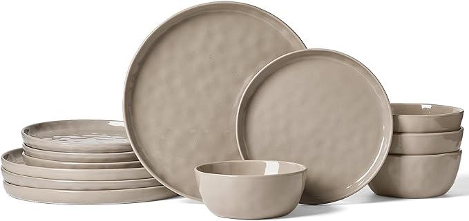 Famiware Mars Plates and Bowls Set, 12 Pieces Dinnerware Sets, Dishes Set for 4, Cinnamon Brown