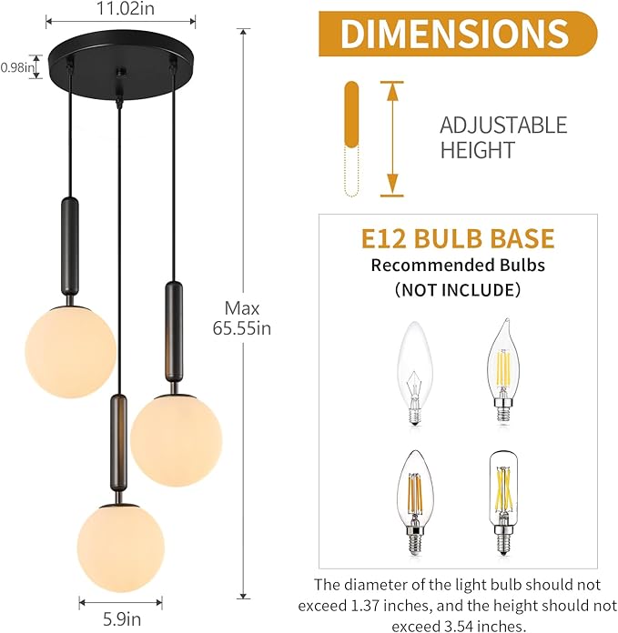 Modern Black Pendant Light Hanging Fixture Light for Kitchen Island Mid Century with Globe Pendant Light Milk White Glass Pendant Lighting for Living Room Bedroom Entryway (3 Lights)