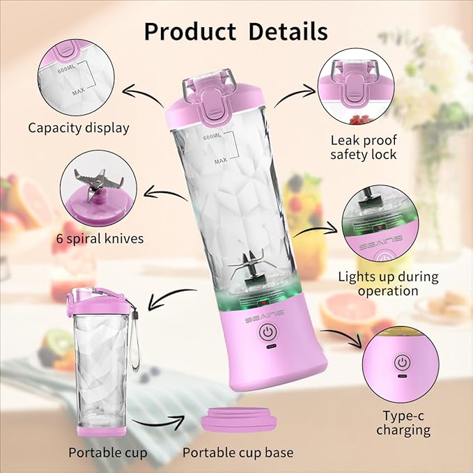 Portable Blender with 20 Oz Travel Cup, Mini Personal Size with 6 Blades and USB Rechargeable for Shakes, Smoothies, Gym, Kitchen and Outdoors (Purple)