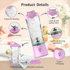 Portable Blender with 20 Oz Travel Cup, Mini Personal Size with 6 Blades and USB Rechargeable for Shakes, Smoothies, Gym, Kitchen and Outdoors (Purple)