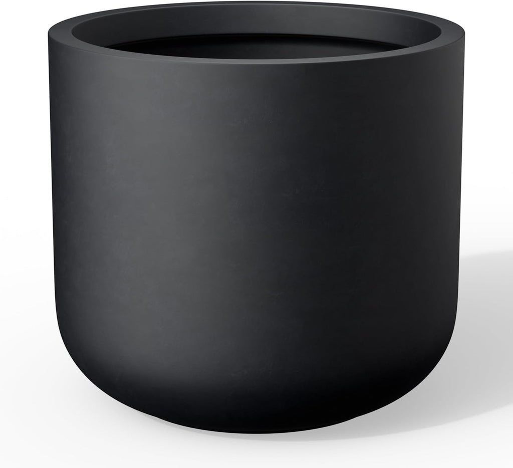 Kante 17.3-Inch Dia Round Concrete Planter, Indoor & Outdoor Garden Pot with Drainage Hole & Rubber Plug, Ideal for Flower and Tree, Black