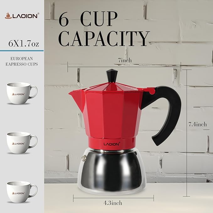 Stovetop Espresso Maker, 6Cup Moka Pot, Espresso Machine Compatible with Induction Cooktops, 300ml Stainless Steel & Aluminum Cuban Coffee Maker for Cafetera Cubana, Red