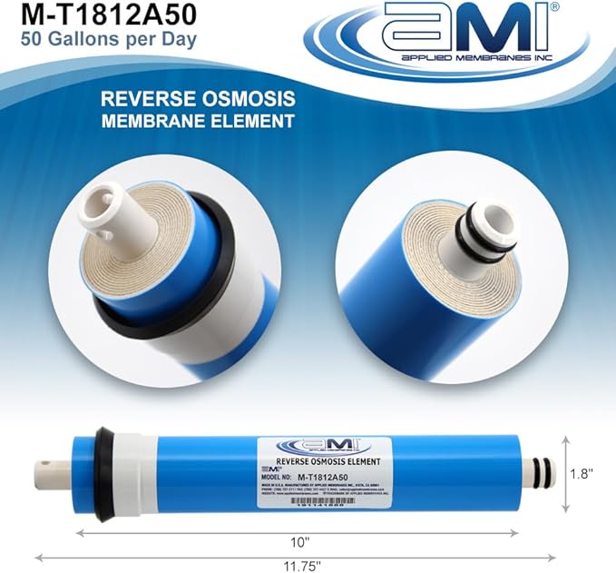 APPLIED MEMBRANES INC. 50 GPD Reverse Osmosis Membrane | RO Membrane Water Filter Replacement for Reverse Osmosis Water Filtration System | 1.8” x 12” Universal Compatibility | Made in USA
