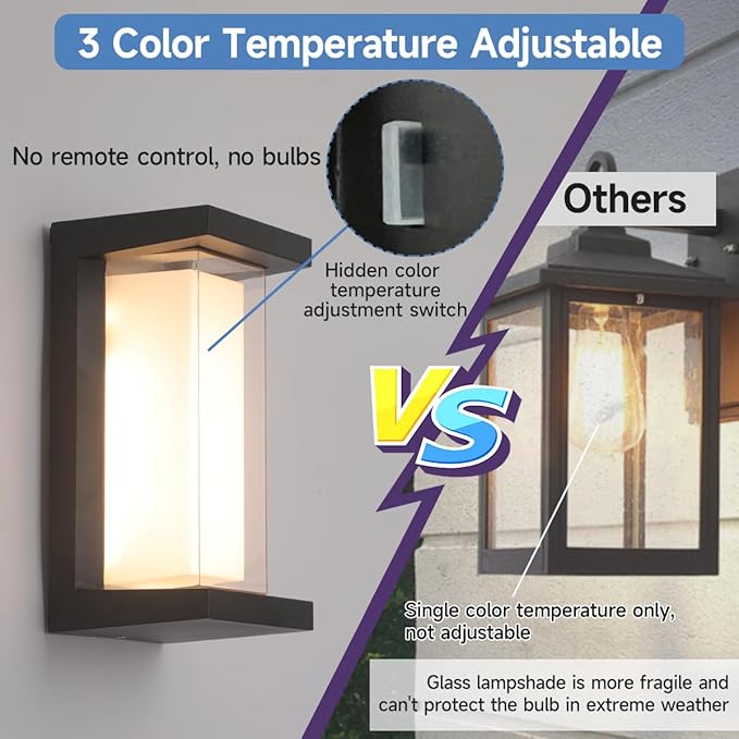 24W Porch Lights Outdoor 2160LM Modern Exterior Lights Fixtures 3CCT 3000K/4000K/6000K Black Outdoor Wall Lights LED Wall Mount Sconce for Garage Front Door Porch Hallway Doorway 2 Pack