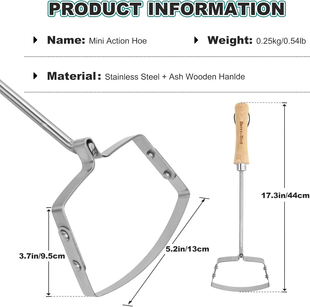 Berry&Bird Mini Hula Hoe for Weeding 17.3''Stirrup Hoe Stainless Steel Weed Puller Tool Gardening Action Scuffle Loop Hoes Garden Tools with Wooden Hand Weeder Cultivator Cutting Roots Loosening Soil
