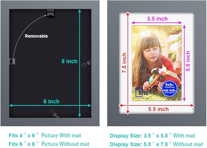 RPJC 6x8 inch Picture Frame Made of Solid Wood and High Definition Glass Display Picture 4x6 with Mat or 6x8 Without Mat for Wall Mounting Photo Frames Grey