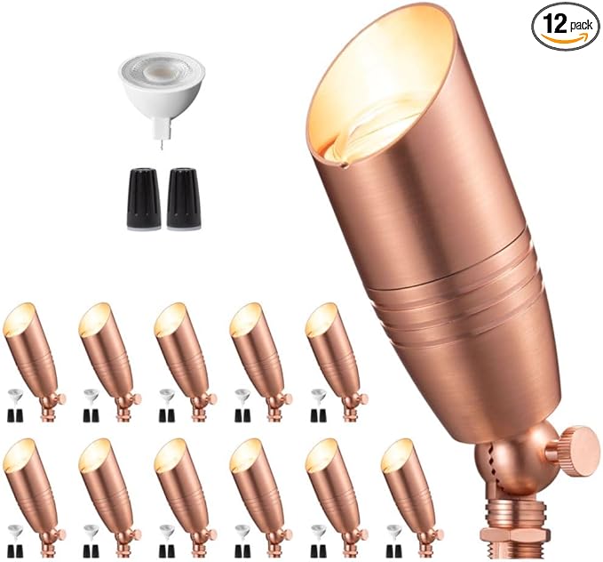 Die-Cast Brass Spot Light Outdoor - 12V LED Uplighting Waterproof, Low Voltage Landscape Lights Direct Wire, Copper for Fence Fountain with Bright White MR16 Replaceable Bulbs (12 Pack)