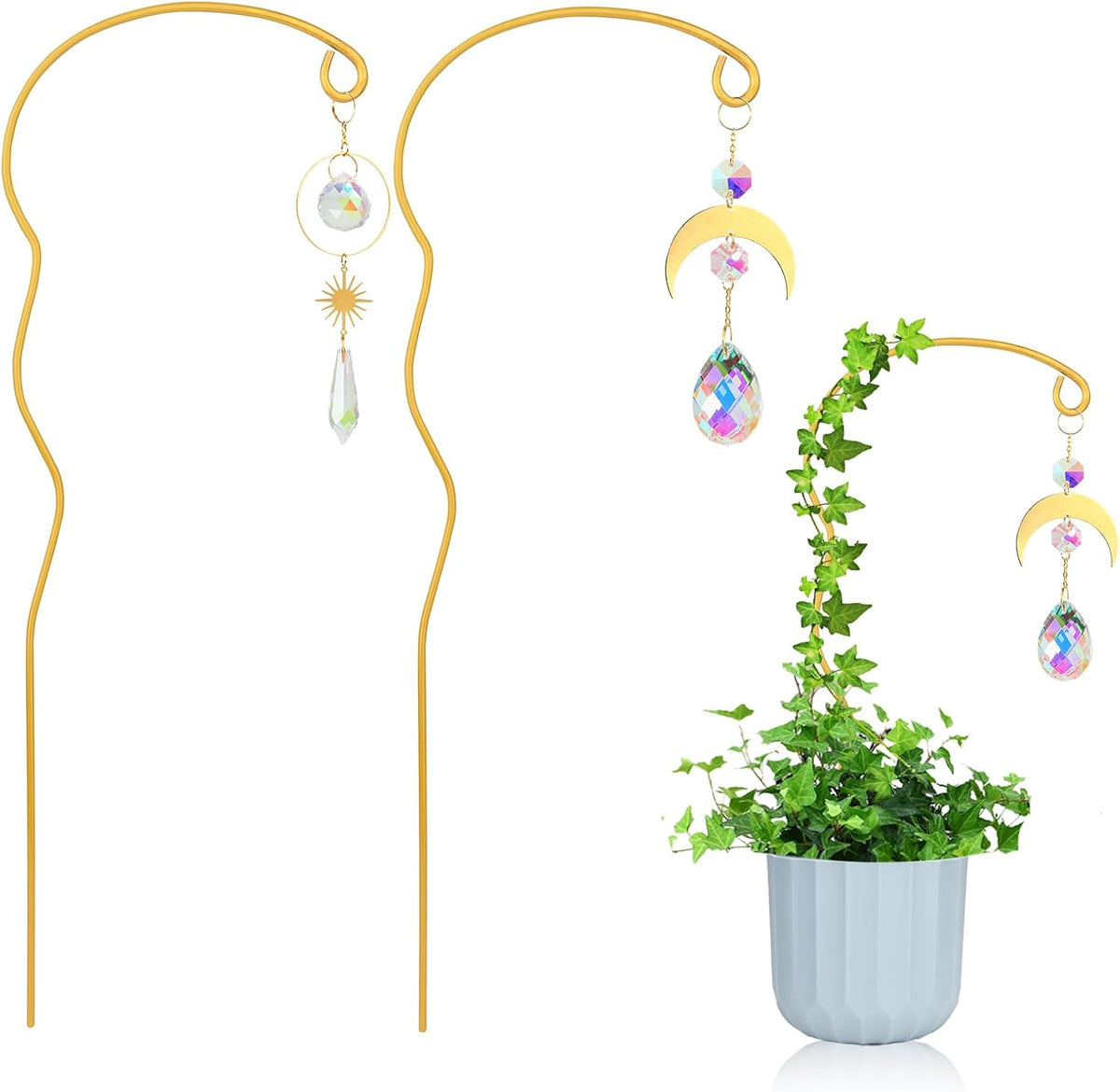 Plant Trellis for Potted Plants with Colorful Crystal Sun Catcher, 17.5 Inch Metal Plant Stakes for Indoor,Plant Accessories Indoor for Home Garden,Plant Lover Gift (Gold)