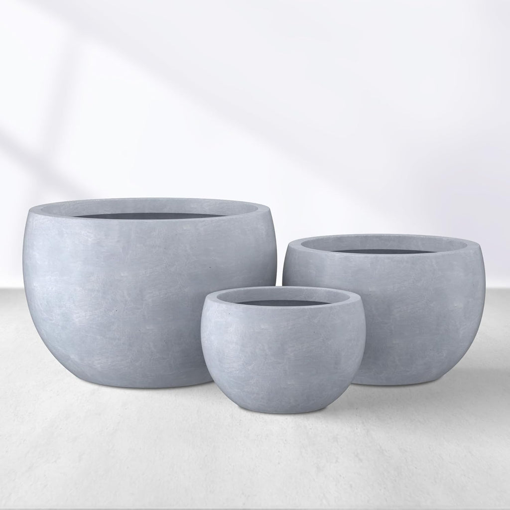 Kante 19.9",15.7",11.8" Dia Round Concrete Planter Set of 3, Outdoor/Indoor Large Bowl Plant Pots with Drainage Hole and Rubber Plug for Garden Patio Balcony Home, Gray