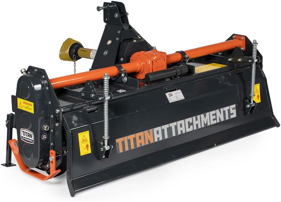 Titan Attachments 3 Point 60" Rotary Tiller Attachment Fits Cat 1 Tractors, Charcoal Finish, Single Speed PTO Driven Cultivator with a 540 RPM Gearbox, Replaceable L-Shaped Tines Work 5" Deep