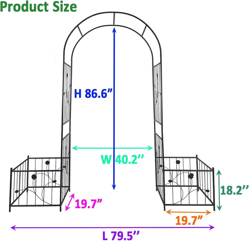 Metal Garden Arch with 2 Plant Stands, Garden Arch Trellis for Climbing Plants Outdoor, Garden Arbor for Weddings Party Events Decoration, 79.5" L X 19.7" W X 86.6" H, Black