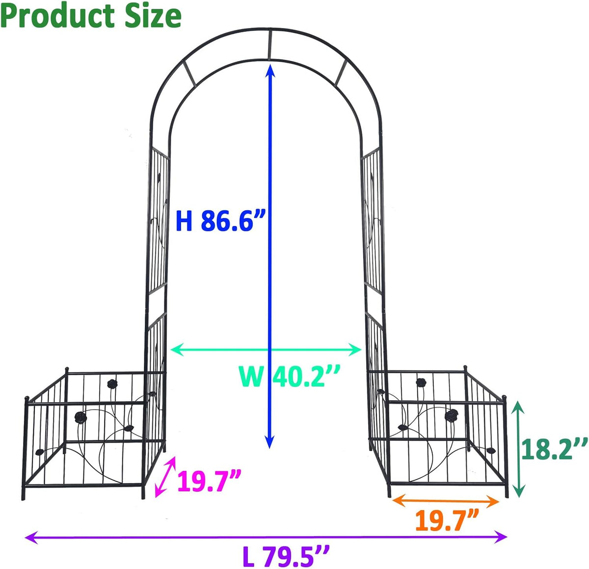 Metal Garden Arch with 2 Plant Stands, Garden Arch Trellis for Climbing Plants Outdoor, Garden Arbor for Weddings Party Events Decoration, 79.5" L X 19.7" W X 86.6" H, Black