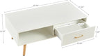 Mid Century Wooden Coffee Table with Stripe Drawer，Modern 41" Large Center Table with Storage，Rectangular White Coffee Tables for Living Room, 2-Tier Cocktail Table, Solid Wood Legs