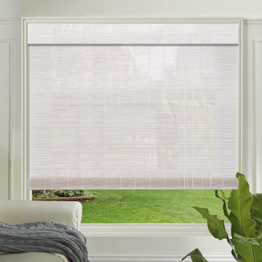 LETAU Cordless Wood Window Roller Shades, Bamboo Light Filtering Window Blinds for Outdoor Garden, Patio, Porch, Arbor, Pattern 11