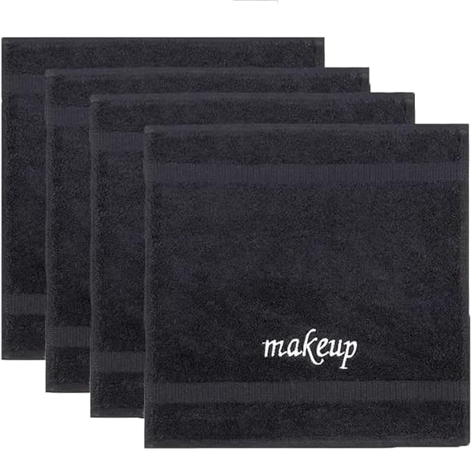 Chakir Turkish Linens | Hotel & Spa Quality 100% Cotton Premium Turkish Towels | Soft & Absorbent (4-Piece Washcloths, Black - Makeup Embroidered)