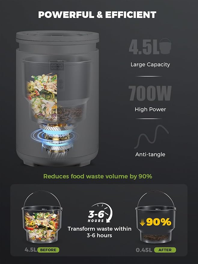 Electric Composter for Kitchen Smart Odorless Countertop Compost Bin Machine Quiet Larger 4.5L Indoor Food Cycler with Auto Cleaning, 3 Modes, 2 Carbon Packs, Turn Food Waste into Fertilizer
