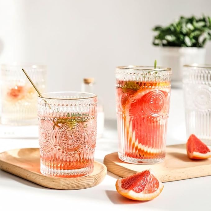 12pcs Vintage Drinking Glasses Set, 12 oz Highball Glasses & 9 oz Embossed Ribbed Glassware Cups for Cocktail, Water, Juice, Coffee, Whiskey (Clear)