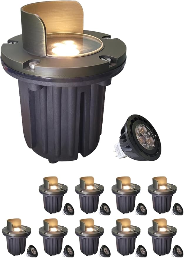 MALORY Brass Top Cover Landscape Well Lights,（6‘’H 12V Low Voltage Outdoor In Ground Lights, Anti-Glare Landscape Lighting with 5W 450LM MR16 for Pathway, Driveway (Shield Top, 10-Pack with Bulb)