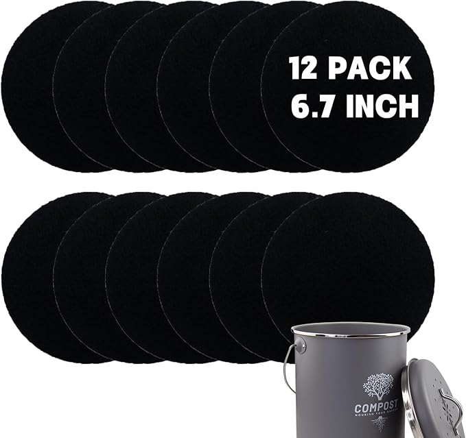 12 Pack - 6.7 Inch Round Compost Bin Charcoal Filters,Extra Thick Activated Carbon Charcoal Filters for Longer Lasting Odor Control, Fits Countertop and Home Bucket Kitchen Compost Bins (Refill)