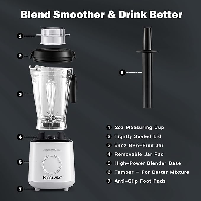 COSTWAY Professional Countertop Blender, 6 Pre-Setting Programs & 10 Speed Control, Smoothies Crushing Maker with 64oz Tritan BPA-Free Pitcher & Built-in Timer, Tamper, 1500W