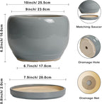 SQOWL 10 Inch Plant Pot - Ceramic Planter for Indoor Plants, Round Ceramic Flower Pot with Drainage Hole and Saucer, Modern Large Outdoor Planter, Room Decor, Housewarming Gifts, Gray