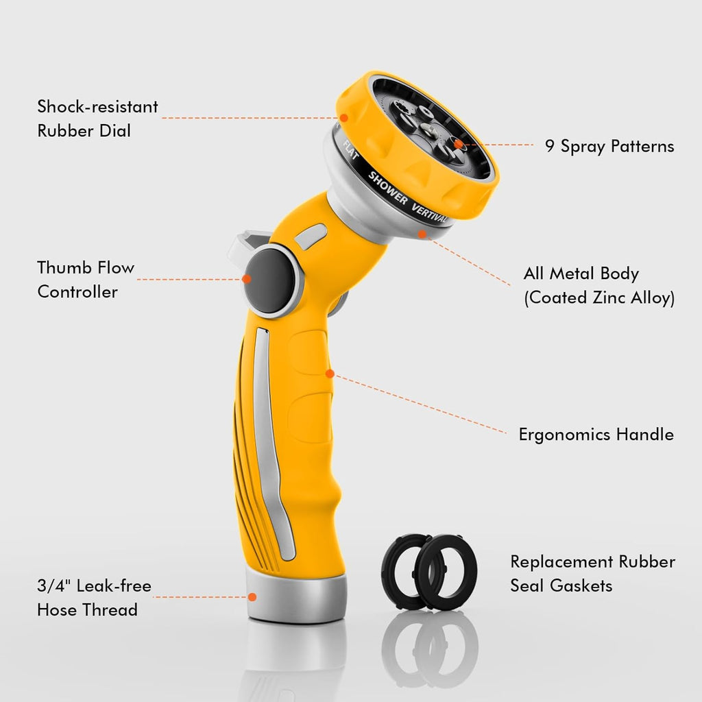 RESTMO Hose Nozzle Heavy Duty, Metal Water Hose Sprayer for Garden, 9 Spray Patterns | High Pressure | Thumb Flow Control | On/Off Valve, Ideal for Lawn & Plant Watering, Car & Pet Washing, Yellow