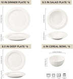 MDZF SWEET HOME 24-Piece White Ceramic Dinnerware Set - Rhine Series, Service for 6, Includes Bowls, Flat & Deep Plates, Microwave & Dishwasher Safe