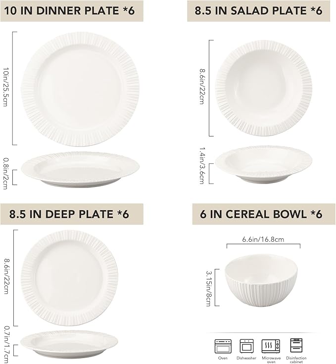 MDZF SWEET HOME 24-Piece White Ceramic Dinnerware Set - Rhine Series, Service for 6, Includes Bowls, Flat & Deep Plates, Microwave & Dishwasher Safe