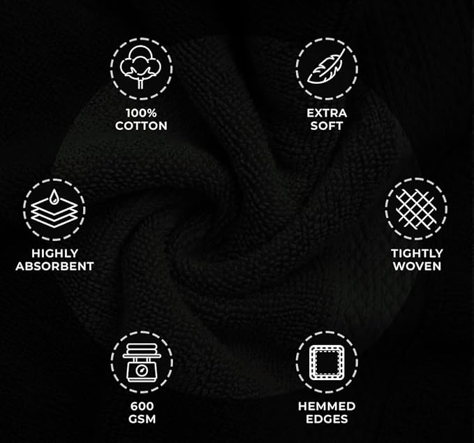 Avalon Towels Luxury 8 Piece Towels Set, 2 Bath Towels, 2 Hand Towels and 4 Washcloths, 600 GSM 100% Ring Spun Cotton Highly Absorbent Bathroom Towel Set, Ideal for Hotel, Spa and Gym (Black)