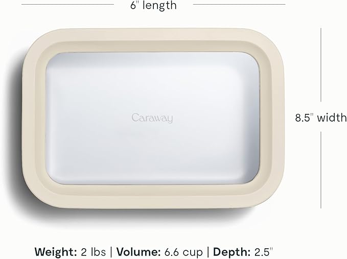 Caraway 2pc Glass Food Storage Set - 6.6 Cup Food Containers (2) - Ceramic Coated - Non Toxic, Non Stick Lunch Box with Lids. Dishwasher, Oven, & Microwave Safe - Cream