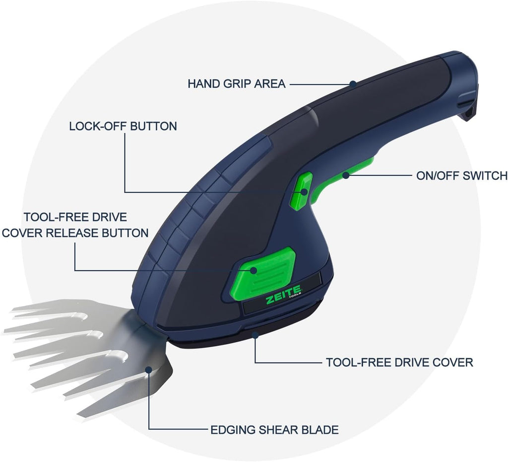 ZEITE 7.2V Grass Shear & Shrubbery Trimmer, 2-in-1 Cordless Grass Cutter and Mini Hedge Trimmer, Rechargeable Li-ion Battery and Charger,Long Handle,Versatile Garden Tool for Grass & Bush Trimming