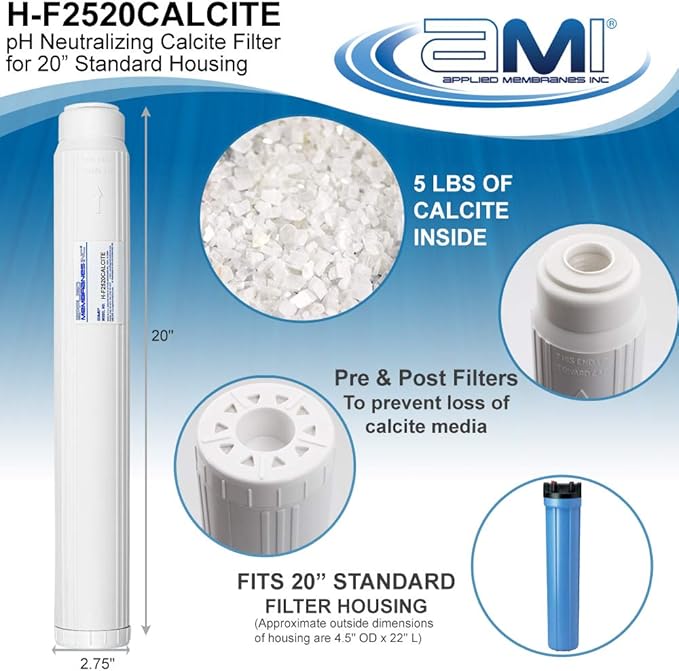 APPLIED MEMBRANES INC pH Neutralization Water Filter Cartridge | Calcite Filter to Raise Alkalinity of Low pH Water | 20" Standard Size Fits 20” Standard Filter Housing | H-F2520CALCITE (20" Standard)