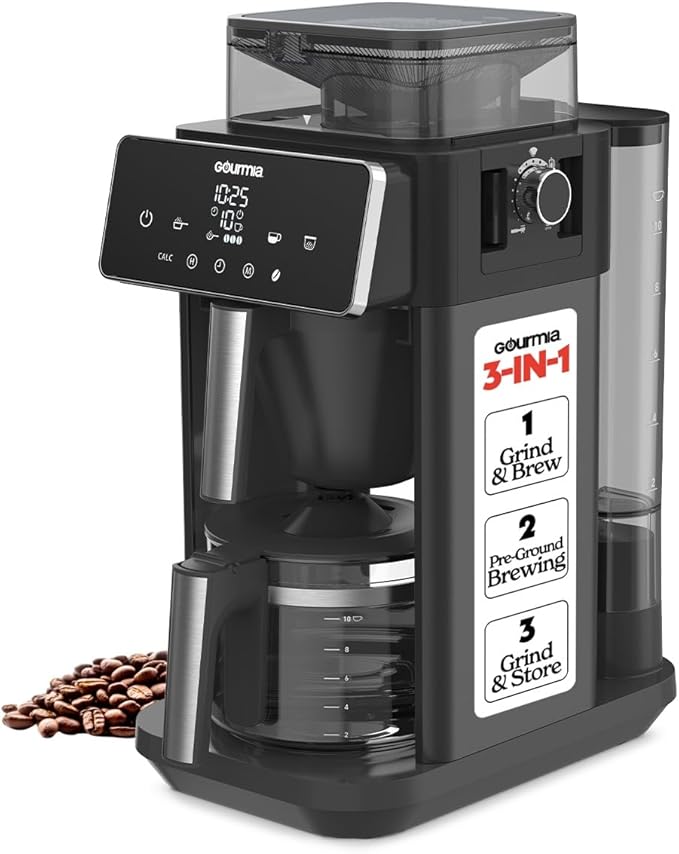 Gourmia 10-Cup Grind & Brew Coffee Maker – Built-in Adjustable Grinder, Programmable Digital Timer, 3 Brew Strengths, 4-Hour Keep-Warm, Auto Shut-Off, Pause & Serve, Glass Carafe, Stainless Steel