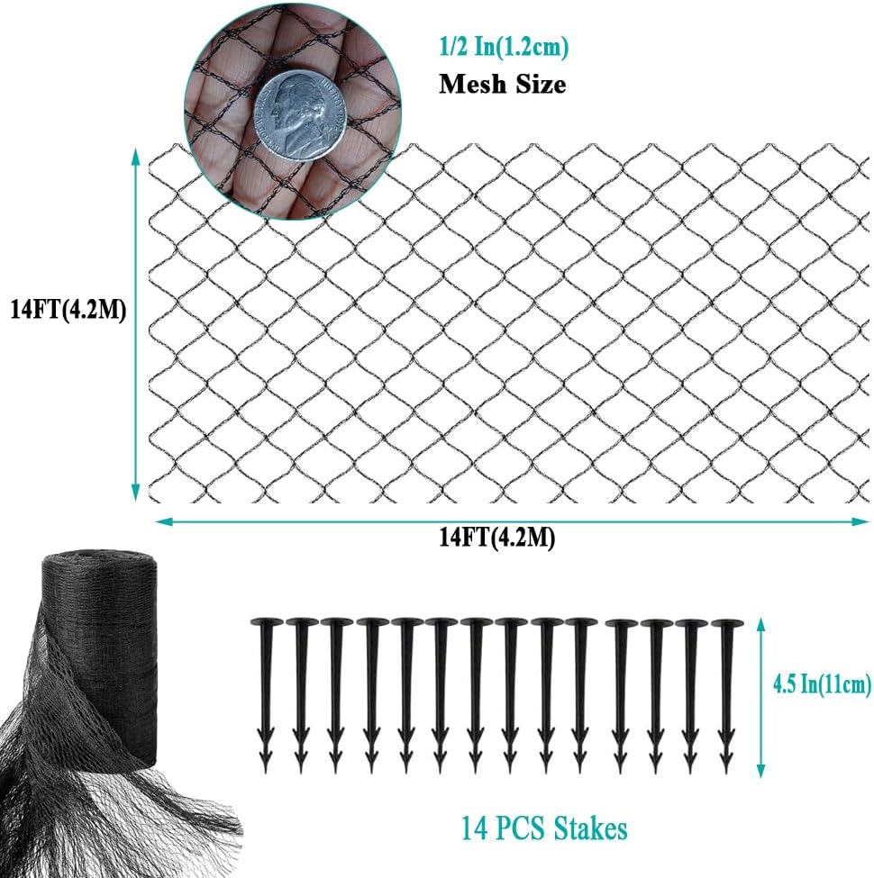 Koi Pond Netting for Leaves 14x14 Ft, 1/2 in Strong Woven Fine Mesh Pond Leaf Net Cover, Protecting Koi Fish from Herons, Raccoons, Birds, Cats & Predators, 14 Pcs Stakes Included
