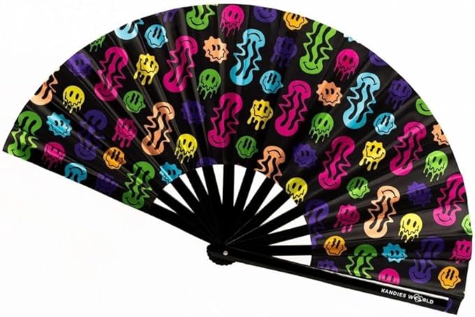 Kandies World UV Reactive Custom Festival Folding Hand Fan - Unique Designs, Made of Bamboo, Clacking Sound, Lightweight - Perfect Rave and Festival Accessory!