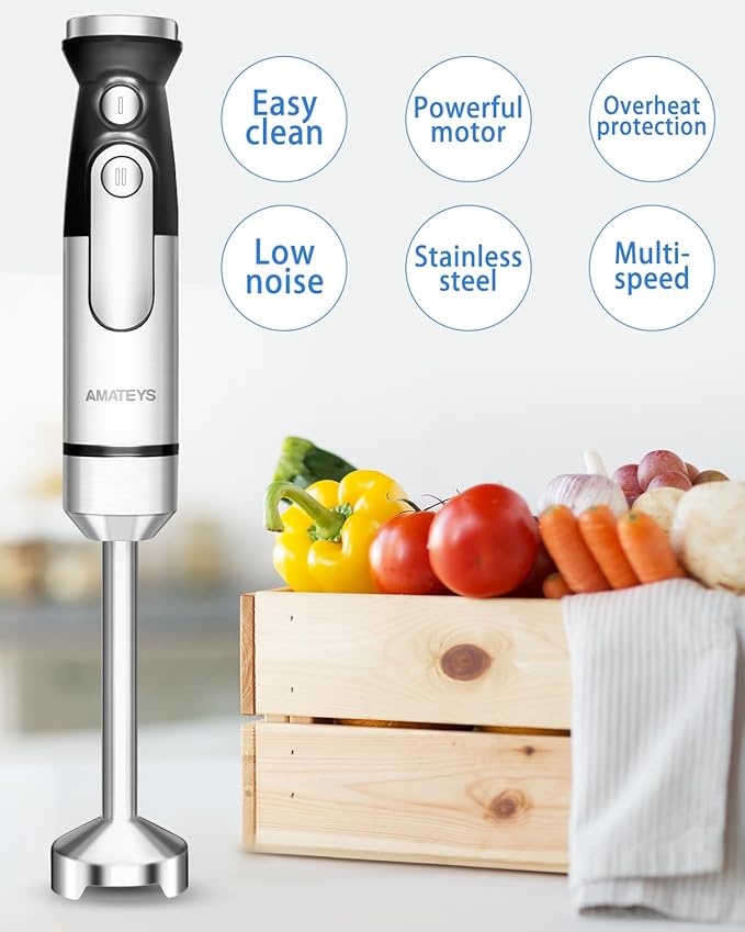 Handblender with Plug,Immersion Blender Handheld, Heavy-Duty Copper Motor, Detachable Stainless Blade Dishwasher Safe, 2 Modes with Pulse,Infinitely Variable Speed, Space-Saving Design