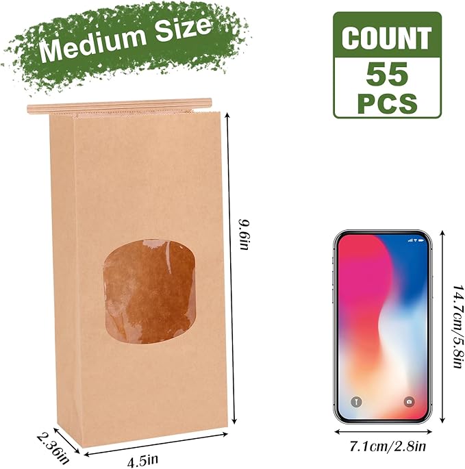 Moretoes 55pcs Medium Bakery Cookie Bags with Window, 4.5x2.36x9.6in Tin Tie Tab Kraft Paper Treat Bags for Cookie Coffee Bread Bakery Packing