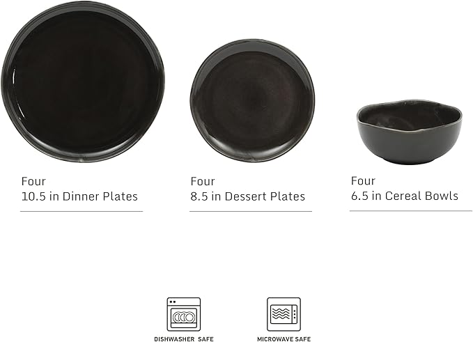 Gibson Elite Nardini 12 Piece (Service for 4) Plates and Bowls Reactive Glaze Dishes Stoneware Ceramic Dinnerware Set - Black