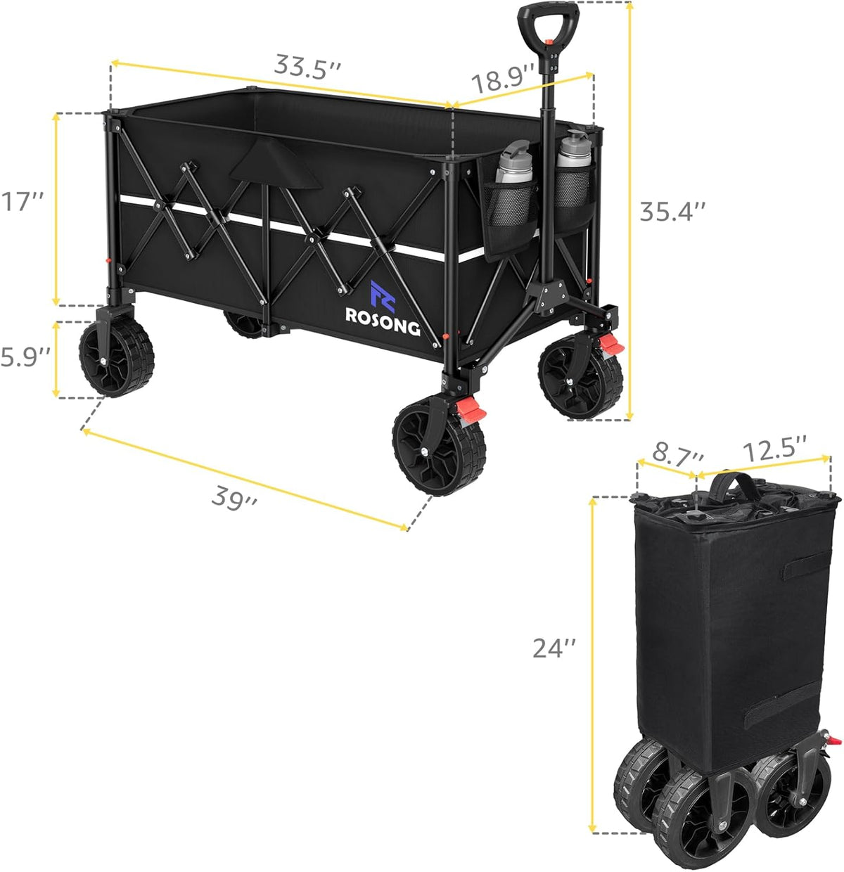 Collapsible Wagon Cart with Wheels Foldable - Folding Utility Heavy Duty Wagons Carts for Grocery Sports Garden Shopping Camping Wheelbarrows (Black, 150L)