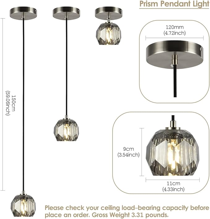 Modern Pendant Light, Small Brushed Nickel Crystal Pendant Light Fixture, Single Smoke Crystal Island Pendant Lighting for Kitchen Dining Room
