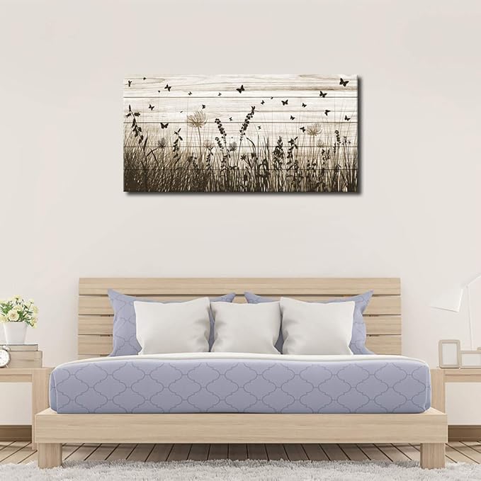 Wildflower Wall Art Autumn Canvas Picture Butterfly Grass Dandelion Artwork Vintage Wooden Board Painting Prints for Bedroom Living Room Office Home Kitchen Wall Decor Framed Ready to Hang 30" x 60"